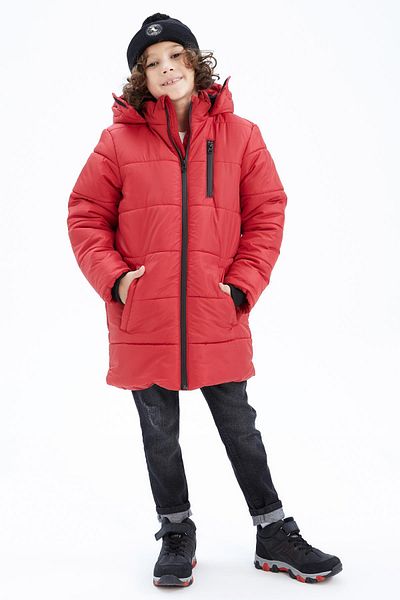 DeFacto Boy's Plush Lined Hooded Long Coat