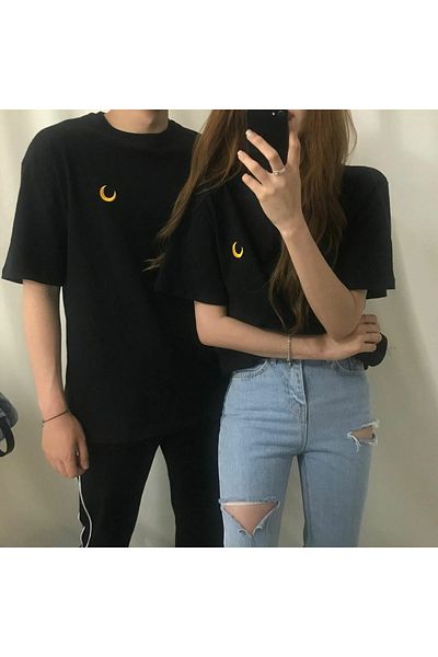Josette Μπλουζάκι Unisex Black Lover Couple Double Moon Minimal Printed Crew Neck Oversize