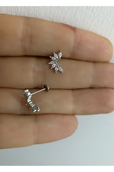 Arescollection zirkon taşlı arkası düz önden vidalı takmalı tragus kıkırdak conch lobe uyumlu 1 adet piercing küpe