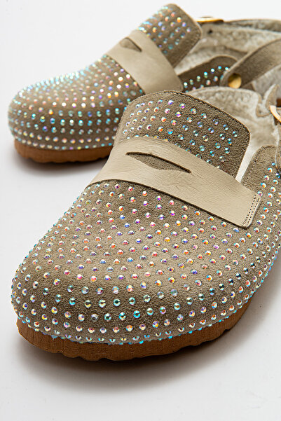 PASSAGE SHOES Women's Genuine Leather Stoned Fur Winter Slippers 6242