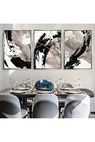 Markazip Gümüş Metal Çerçeveli 50x70cm Üçlü Soyut Kanvas Tablo KOD: LK559