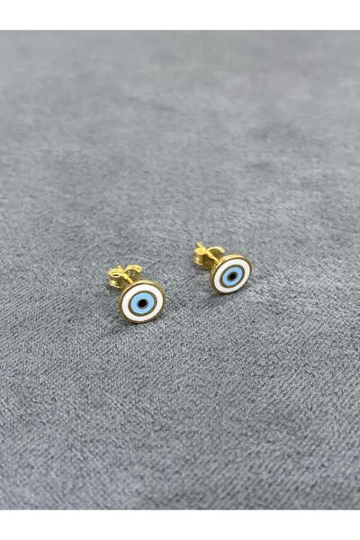 ARSLANTAŞ 1989 14 Ayar Altın Yuvarlak Beyaz Göz Boncuklu Vidalı Çocuk Küpe