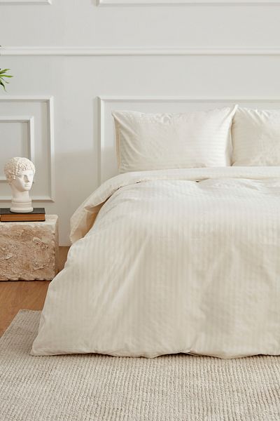 Karaca Home Josef Ecru Striped Satin Double Duvet Cover Set