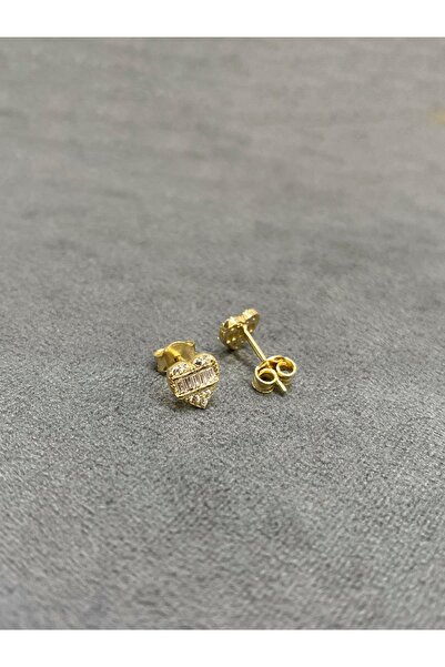 ARSLANTAŞ 1989 14 Ayar Altın Kalpli Baget Taşlı Vidalı Küpe