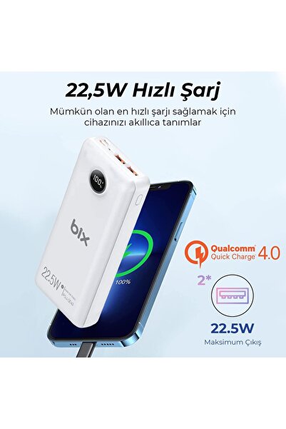 Bix Pb201 20000mah 22.5w 3 Çıkışlı Usb Qc 4.0 Type-c Pd Lcd Göstergeli Powerbank Beyaz