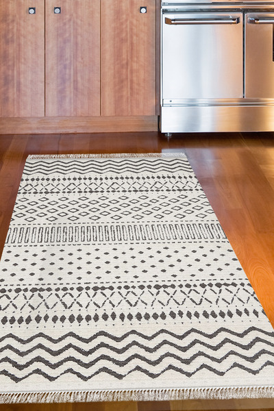 Dekoreko Dijital Mutfak Halısı Yıldız Deri Kaymaz Taban Saçaklı İskandinav Ca...