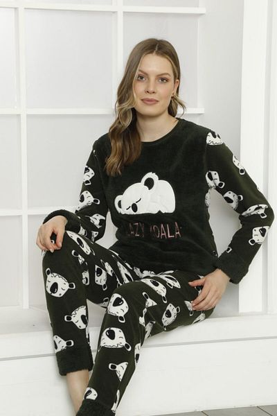Luna Mare Set pijamale de iarnă pentru femei, moale/fleece/welsoft, gât crew, broderie, set imprimat, verde închis