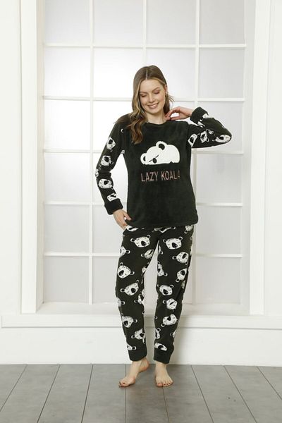 Luna Mare Set pijamale de iarnă pentru femei, moale/fleece/welsoft, gât crew, broderie, set imprimat, verde închis
