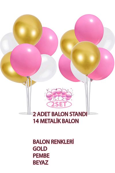 Parti dolabı 2 Pieces of 7 Balloon Stands and 14 Pieces of Gold-Pink-White Metallic Balloon Set Baby Child Balloon Set