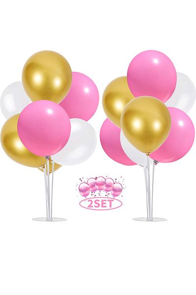 Parti dolabı 2 Pieces of 7 Balloon Stands and 14 Pieces of Gold-Pink-White Metallic Balloon Set Baby Child Balloon Set
