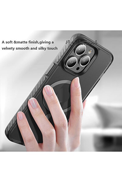 m.tk moveteck İphone 15 Pro Max Kılıf Kenarları Tırtıklı Mat Magsafe Wireless Şarj Destekli Buzlu Kaymaz SoftKapak