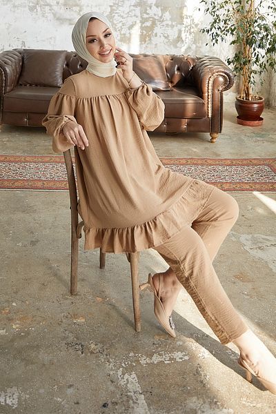 InStyle Živá sukně Ruffle Double Set – světle hnědá