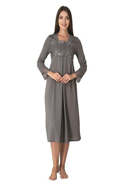 Lohussa Γυναικείο νυχτικό εγκυμοσύνης με μακρυμάνικο βαμβακερό καπνιστό δαντέλα