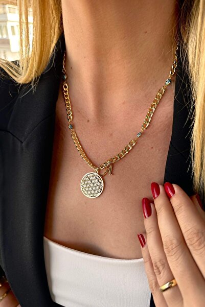 Trendy Butik Kişiye Özel Harfli Altın Kaplama Üç Nazarlı Yaşam Çiçeği ve A Ha...