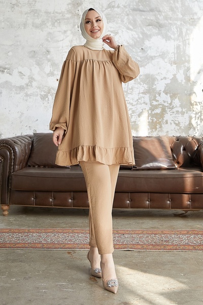 InStyle Dvojitá súprava živej sukne s volánom – svetlohnedá