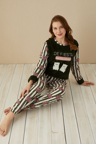 Lunaberry Set pijamale de iarnă pentru femei, moale/fleece/welsoft, gât crew, brodat, brodat, set imprimat