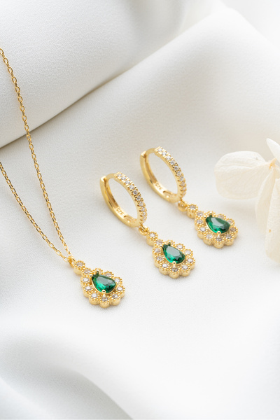 Silvano Jewelry 925 Ayar Gümüş Zümrüt Yeşili Damla Kolye Küpe Seti