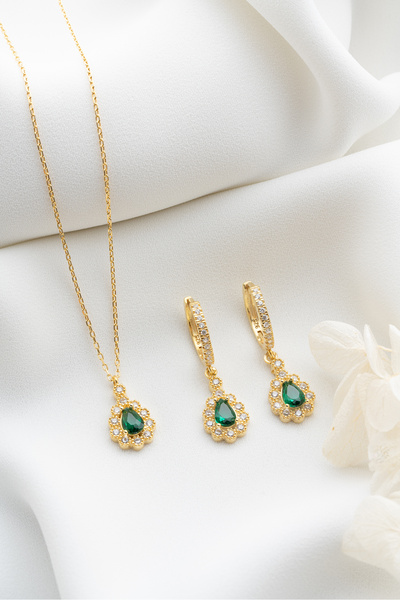 Silvano Jewelry 925 Ayar Gümüş Zümrüt Yeşili Damla Kolye Küpe Seti