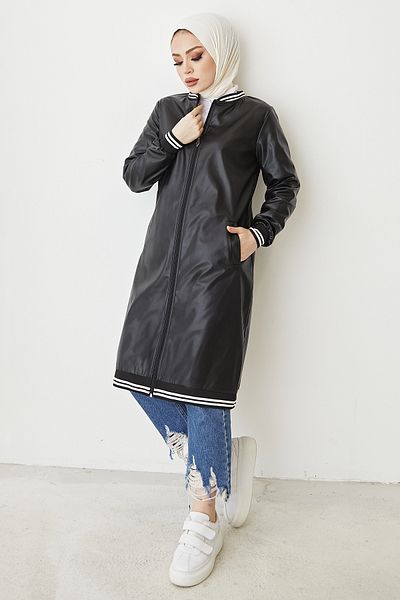 InStyle Κολλεγιακό Δερμάτινο Καπάκι με φερμουάρ - Μαύρο