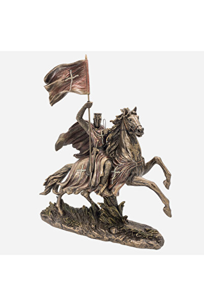 Veronese At Üzerinde Bayrak Tutan Şovalye Figürü, Bronz ve Renkli El Boyaması, Dekoratif Heykel 30,5x12,5x37