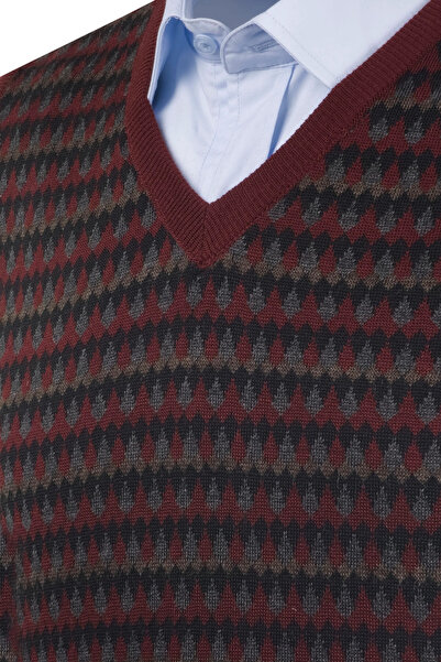 Çizgi Triko Men's Claret Red V-Neck Knitwear Sweater Patterned Colorful Winter Steel Knit Classic Fit