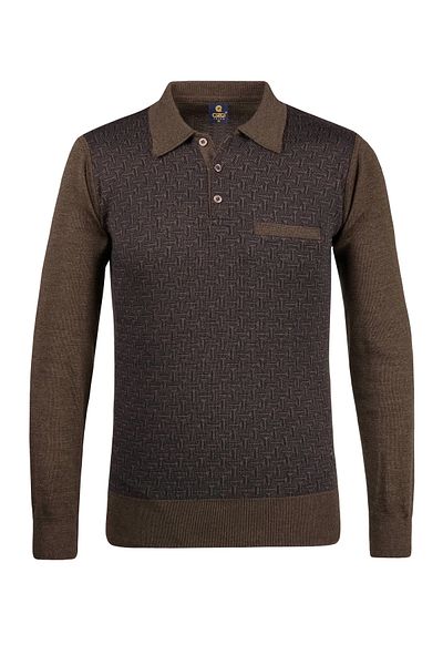 Çizgi Triko Men's Brown Large Size Polo Collar Sweater Patterned Sleeve and Waist Elastic Steel Knit Classic Fit