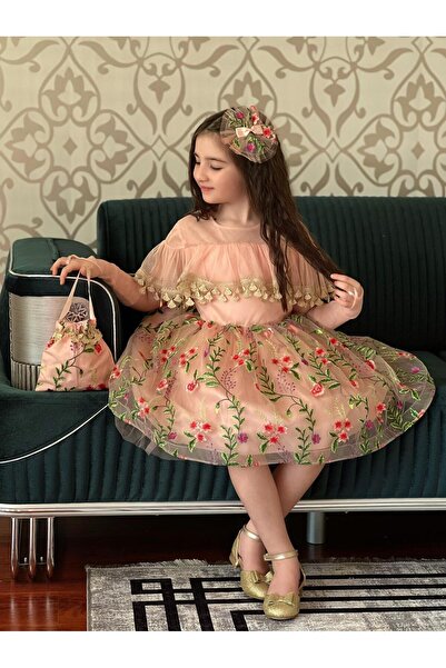 shopland Pembe Güpür İşlemeli Kız Çocuk Abiye Elbise ,Toka ,Çanta ,Eldiven