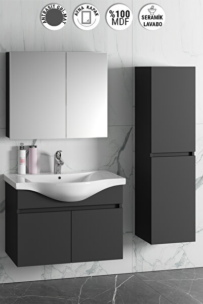 ÖZCEDEN Yıldız 80+35 cm Antrasit Gri Mat MDF Seramik Lavabolu Asma Banyo Dolabı Takımı