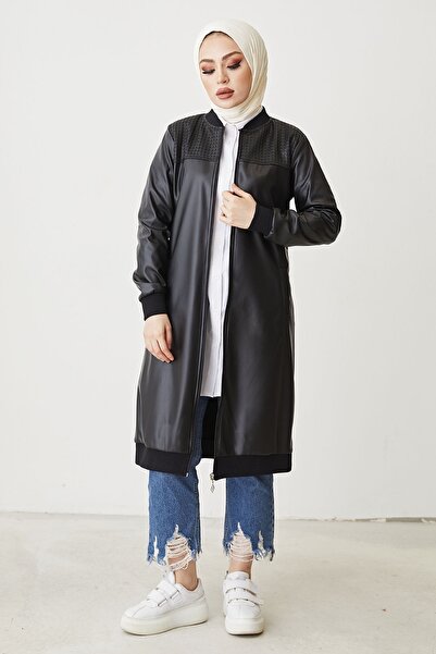 InStyle Șapcă din piele cu fermoar cu nervuri - neagră