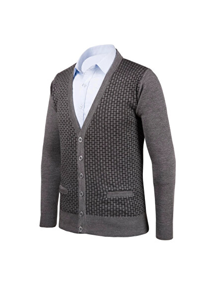 Çizgi Triko Men's V-Neck Knitwear Cardigan Buttoned Pocket Detailed Patterned Steel Knit Classic Fit