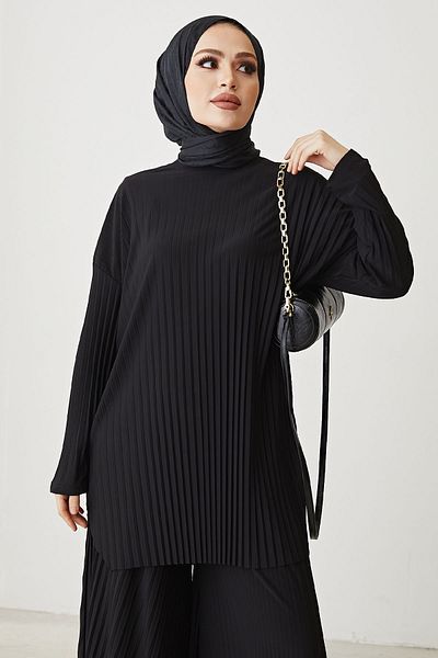 InStyle Mila Pleated Trousers Tunic Double Set - Black