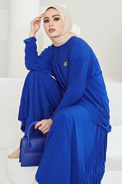 InStyle Dvojitá souprava tunikových plisovaných kalhot Mila - Saks Blue