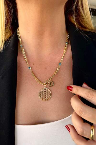 Trendy Butik Kişiye Özel Harfli Altın Kaplama Üç Nazarlı Yaşam Çiçeği ve D Ha...