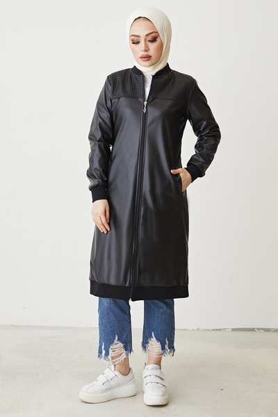 InStyle Șapcă din piele cu fermoar cu nervuri - neagră