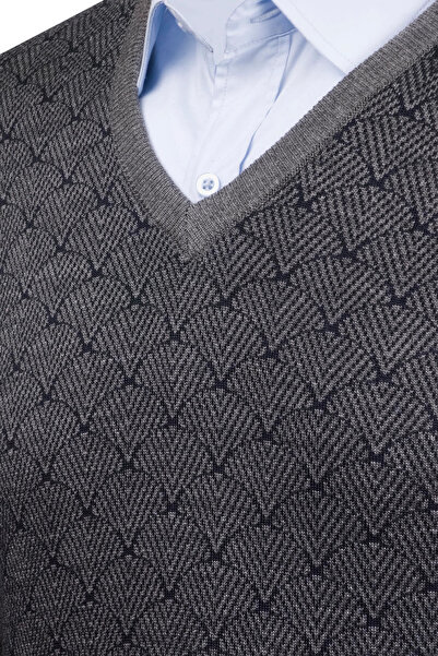 Çizgi Triko Чоловічий трикотажний светр з V-подібним вирізом, рукавами та поясом на резинці, класичний крій