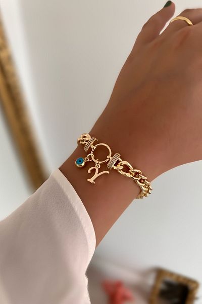 Trendy Butik حرف Y وعين الشر متدلية حجر الزركون هوب سوار