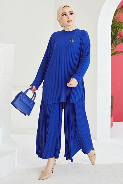 InStyle Dvojitá souprava tunikových plisovaných kalhot Mila - Saks Blue