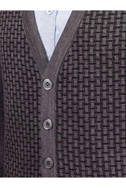 Çizgi Triko Men's V-Neck Knitwear Cardigan Buttoned Pocket Detailed Patterned Steel Knit Classic Fit
