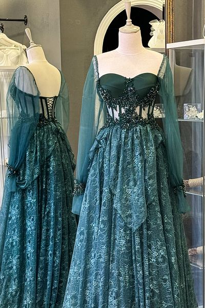 Lenta Moda Emerald Green Glittered Lace Skirt and Embroidered Lace Detail Evening/Engagement Dress