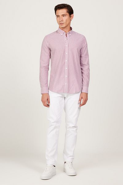 AC&Co / Altınyıldız Classics Men's White-burgundy Slim Fit Slim Fit Button Collar Cotton Striped Shirt
