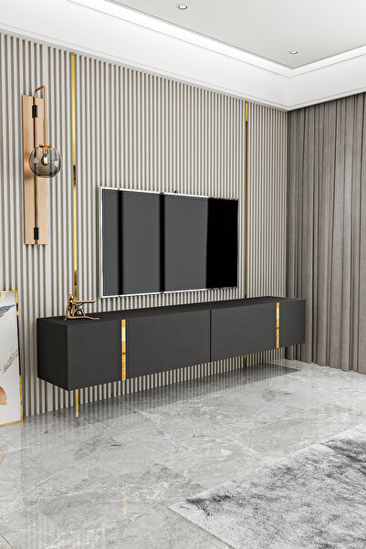 Givayo Mobilya Su Tv Ünitesi Antrasit Altın 150 Cm Duvara Monte Ayaklı Kullanım