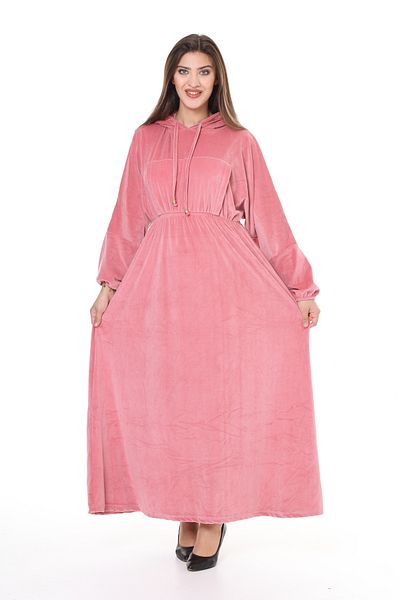 mervemoda Γυναικείο βελούδινο φόρεμα Dusty Rose με κουκούλα