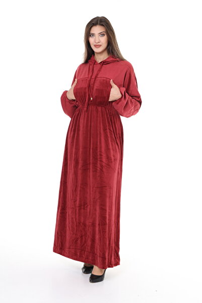 mervemoda Kadın Bordo kadife kapüşonlu elbise