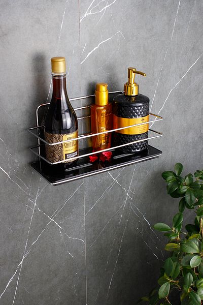 HIMYHOME Χρώμιο ράφι μπάνιου και καλλυντικών Organizer με κρυστάλλινο ράφι μπάνιου με αυτοκόλλητο σαμπουάν
