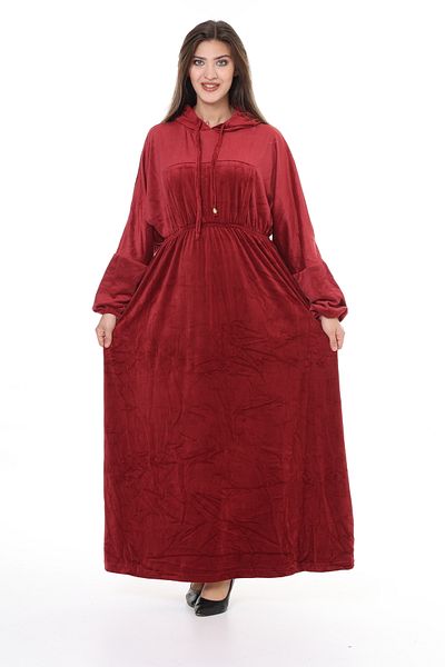 mervemoda Rochie de damă din catifea burgundă cu glugă