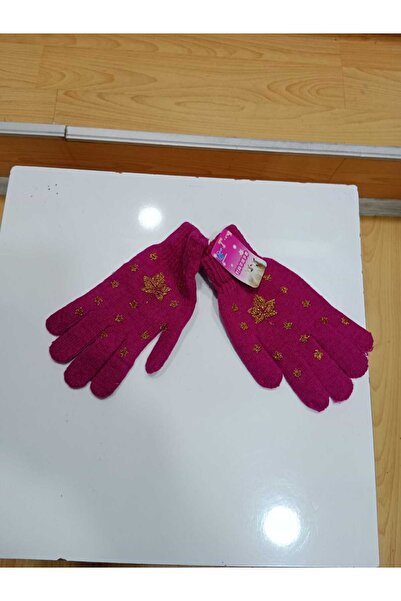 NUR TEKSTİL kadın fuşya triko üstü yaprak sim detaylı eldiven