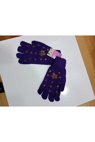 NUR TEKSTİL kadın mor triko üstü yaprak sim detaylı eldiven