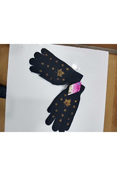 NUR TEKSTİL kadın siyah triko üstü yaprak sim detaylı eldiven