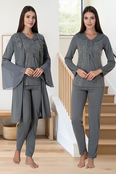 lohusahamile Effortt 3084 Smoked Collar Detailed Lace Maternity Pajamas Set