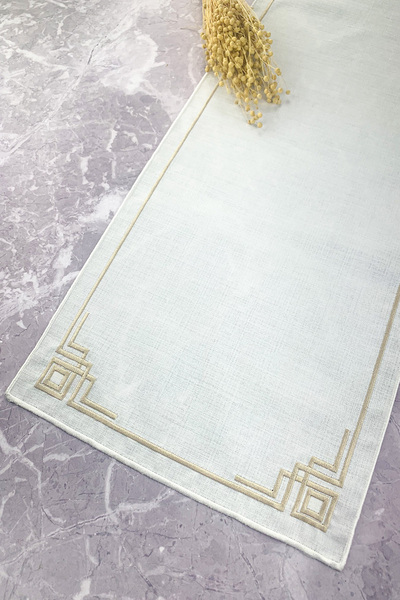 WEARE2 عداء كتان بلون أبيض كابتشينو بيج مطرز مقاس 40 × 110 سم